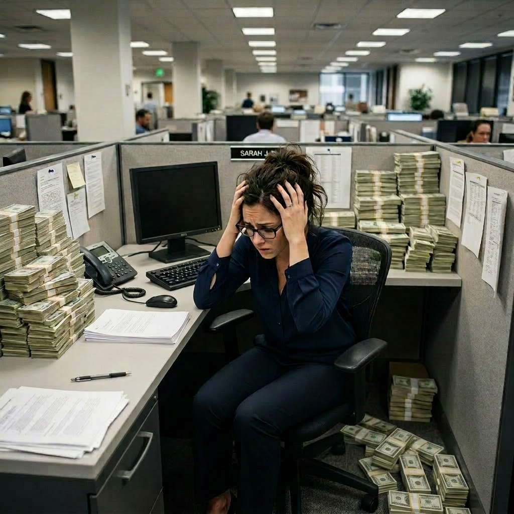 Woman overwhelmed by large stacks of cash in office cubicle