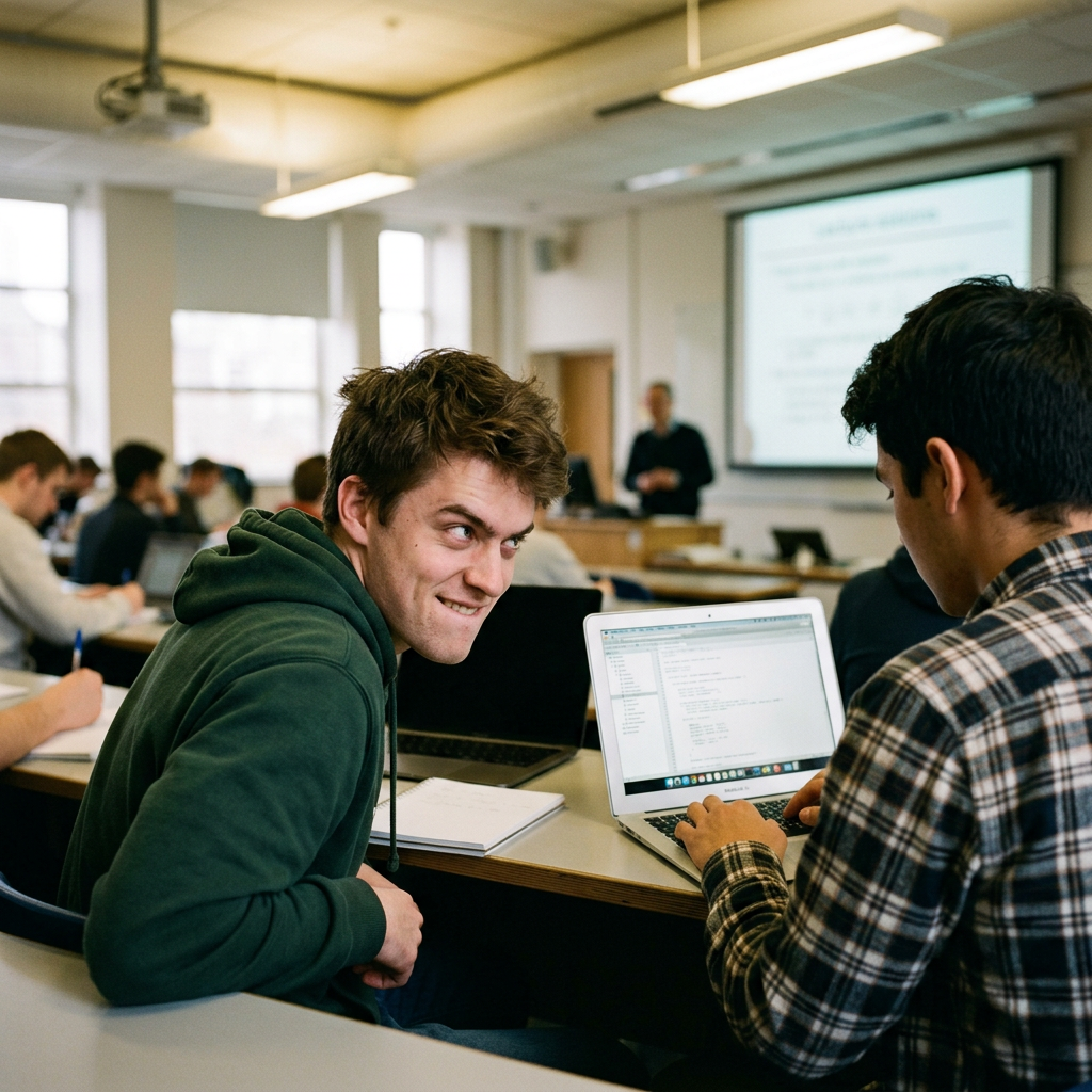 Two young men in classroom collaborating on laptop with coding visible