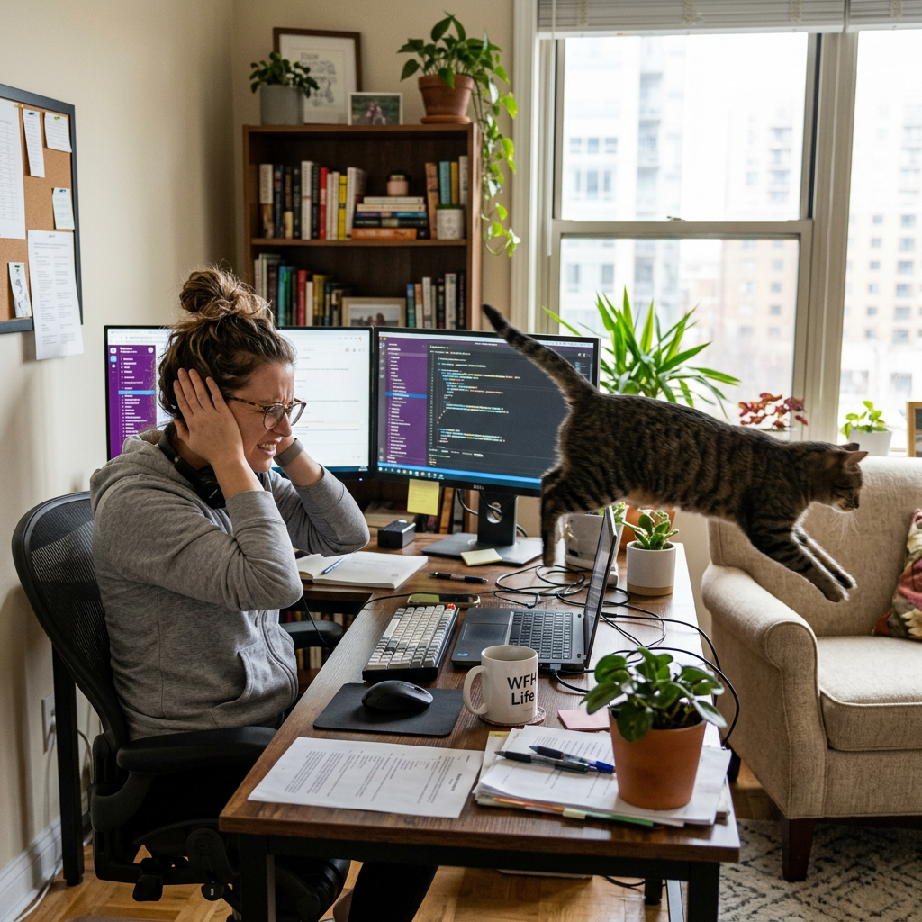 Person covering ears at home desk while cat leaps over laptop and keyboard